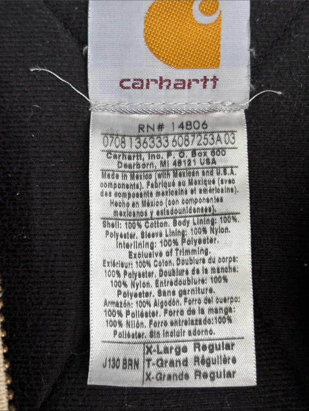 Carhartt J130 Quilted Hooded Canvas Brown Coat Size Extra Large